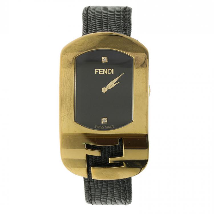 Pre Owned Fendi Black Gold Plated Stainless Steel Chameleon Woman's Wristwatch 18MM