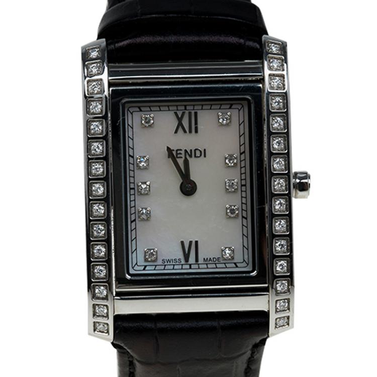 Pre Owned Fendi Mother of Pearl Stainless Steel Diamond Loop Women's Wristwatch 27MM