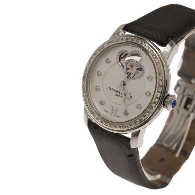 Pre Owned Frederique Constant White Mother of Pearl Stainless Steel Double Heartbeat Diamond Women's Wristwatch 34MM