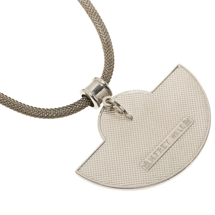Pre Owned Frey Wille Half Moon Geometric Blue and Gold Enamel Silver Mesh Chain Pendant Necklace