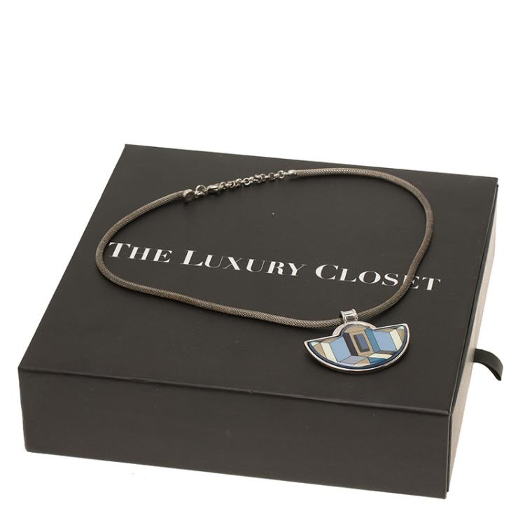 Pre Owned Frey Wille Half Moon Geometric Blue and Gold Enamel Silver Mesh Chain Pendant Necklace