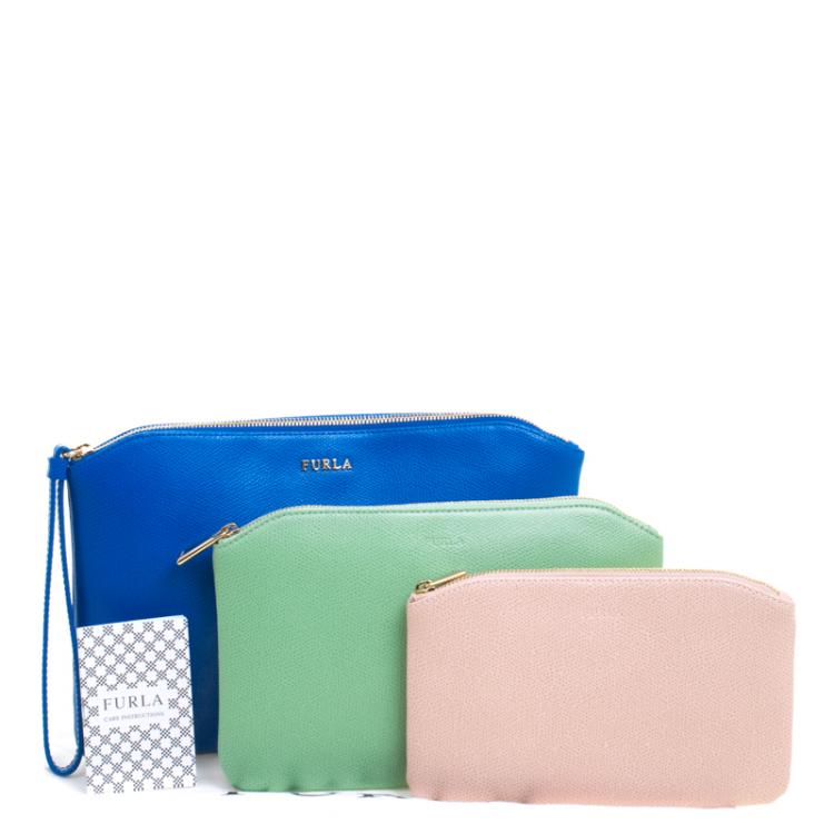 Pre Owned Furla Blue/Pink/Green Leather Set of 3 Cosmetic Pouch