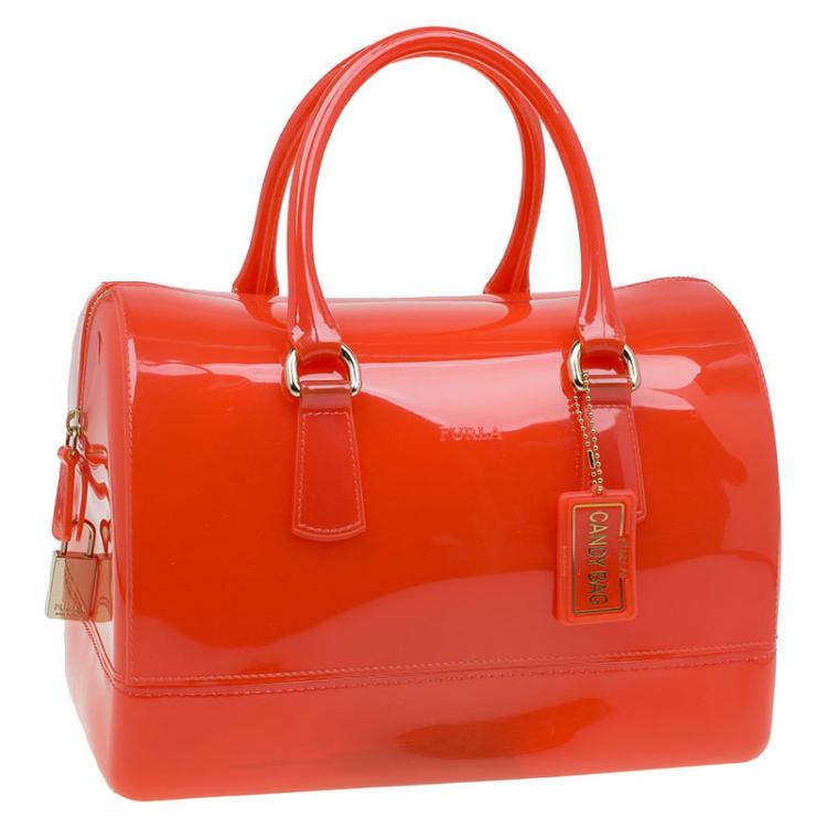 Pre Owned Furla Red Orange Glossy Rubber Candy Satchel