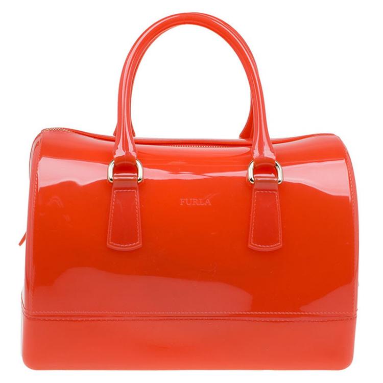 Pre Owned Furla Red Orange Glossy Rubber Candy Satchel