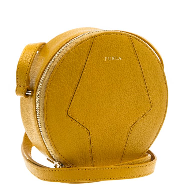 Pre Owned Furla Yellow Leather Mini Perla Round Crossbody Bag