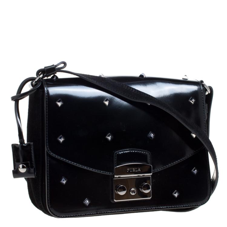 Pre Owned Furla Black Glossy Leather and Suede Studded Metropolis Shoulder Bag