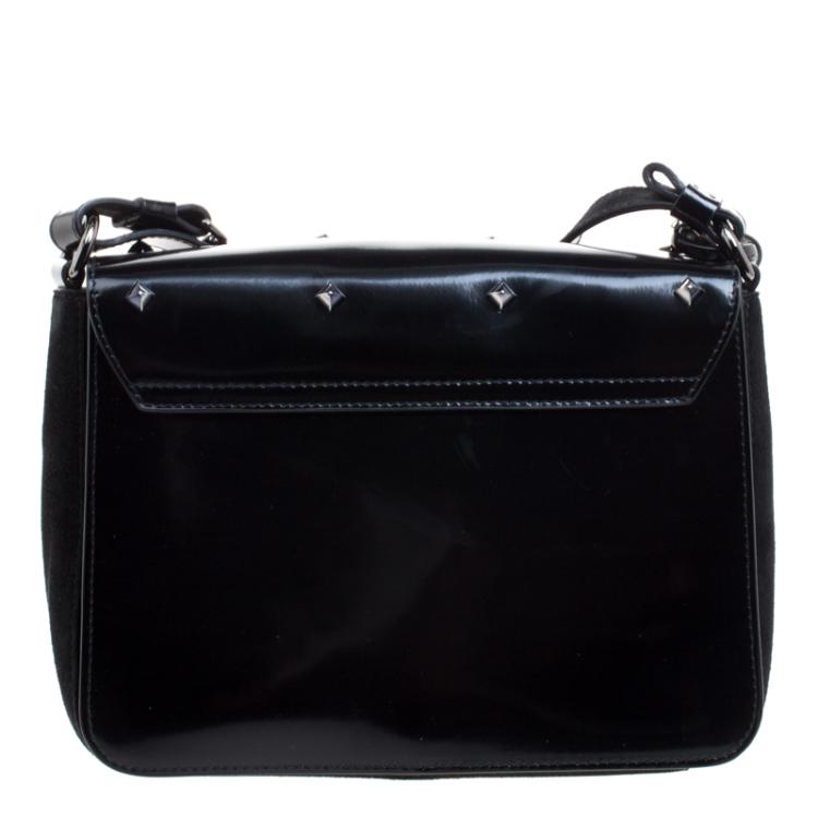 Pre Owned Furla Black Glossy Leather and Suede Studded Metropolis Shoulder Bag