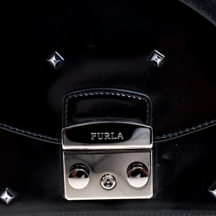 Pre Owned Furla Black Glossy Leather and Suede Studded Metropolis Shoulder Bag