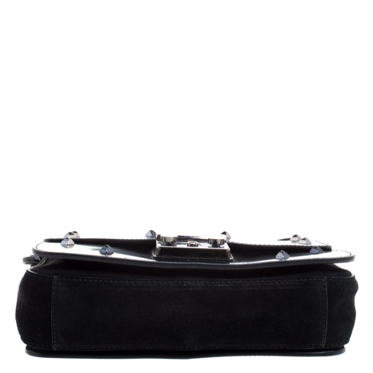 Pre Owned Furla Black Glossy Leather and Suede Studded Metropolis Shoulder Bag