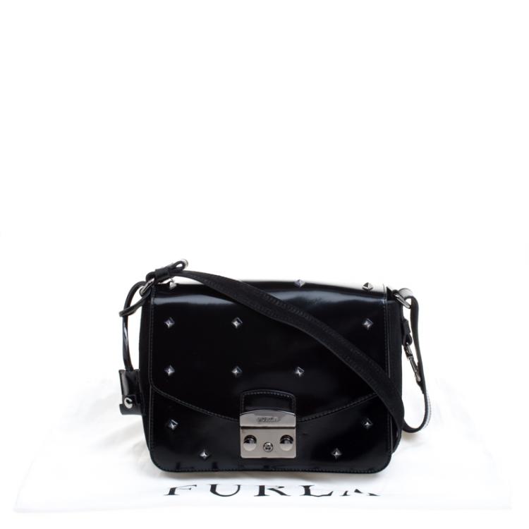 Pre Owned Furla Black Glossy Leather and Suede Studded Metropolis Shoulder Bag