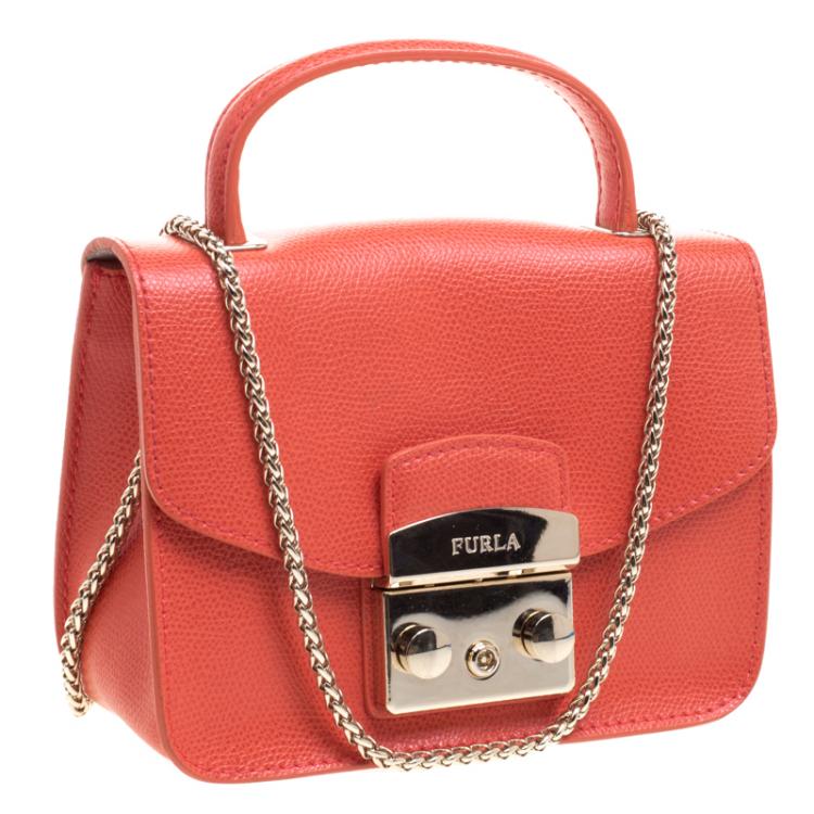 Pre Owned Furla Orange Leather Mini Metropolis Top Handle Bag