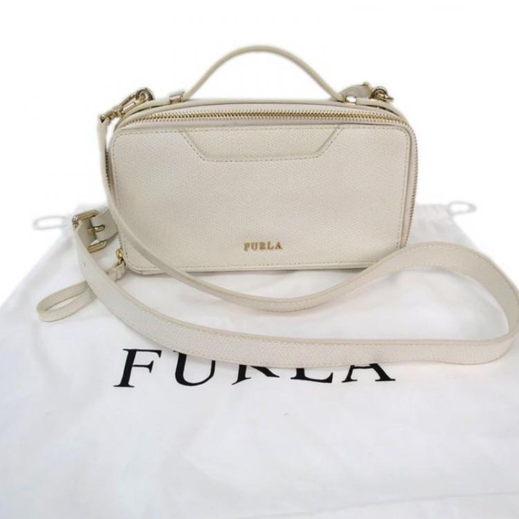 Pre Owned Furla White Leather Zip around Crossbody