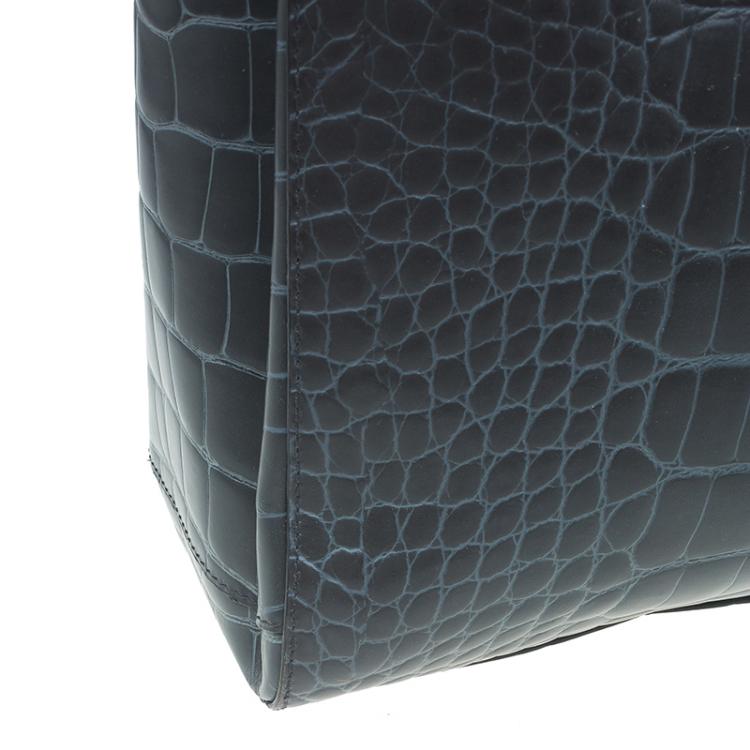 Pre Owned Furla Grey Croc Embossed Leather Large Lotus Tote