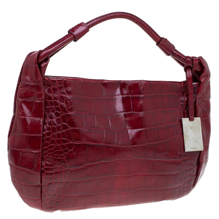 مملوكة مسبقًا Furla Red Croc Embossed Leather Zarina Hobo