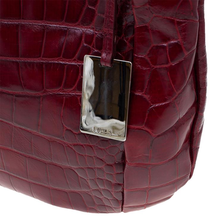 مملوكة مسبقًا Furla Red Croc Embossed Leather Zarina Hobo