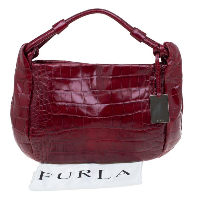 مملوكة مسبقًا Furla Red Croc Embossed Leather Zarina Hobo