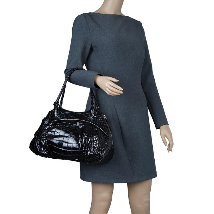 Pre Owned Furla Black Croc Embossed Leather Clara Satchel