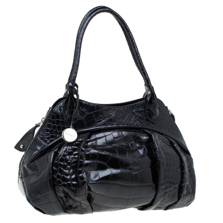 Pre Owned Furla Black Croc Embossed Leather Clara Satchel