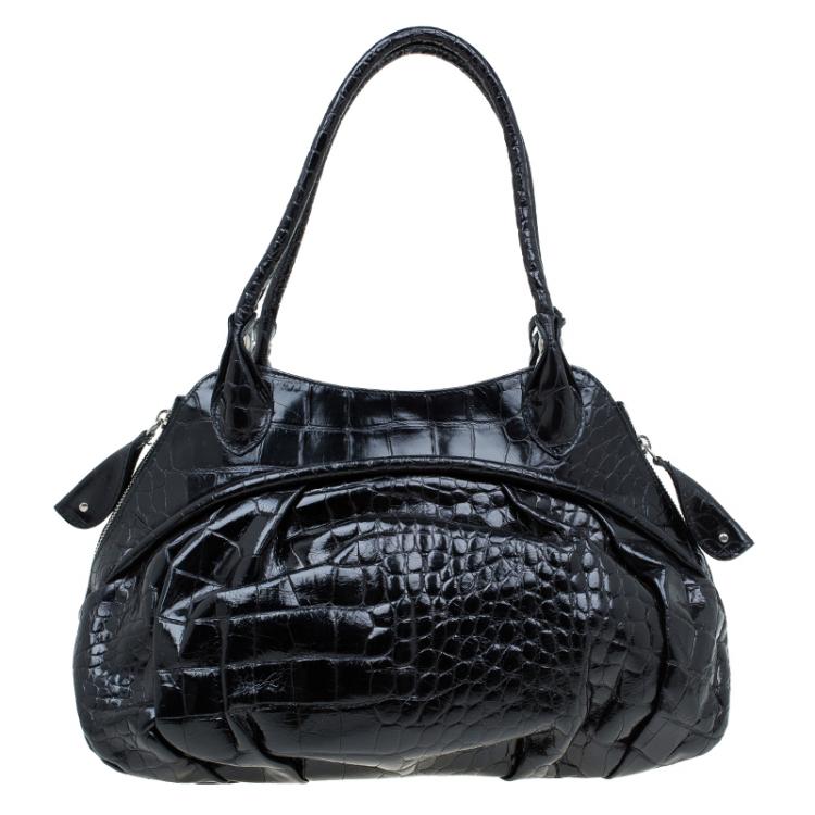 Pre Owned Furla Black Croc Embossed Leather Clara Satchel