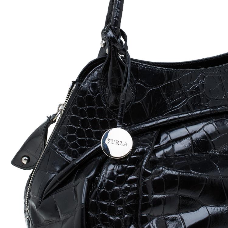 Pre Owned Furla Black Croc Embossed Leather Clara Satchel