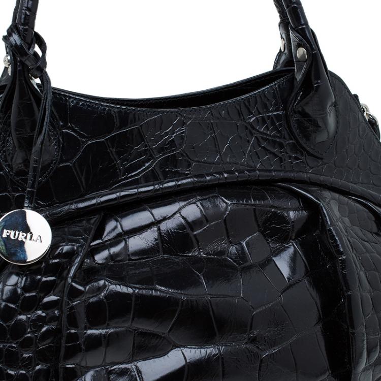 Pre Owned Furla Black Croc Embossed Leather Clara Satchel