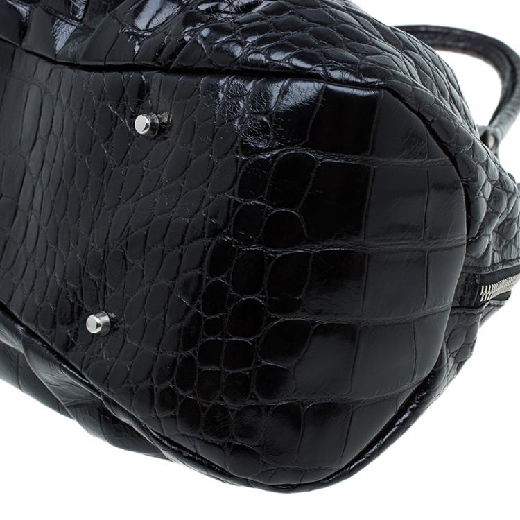 Pre Owned Furla Black Croc Embossed Leather Clara Satchel
