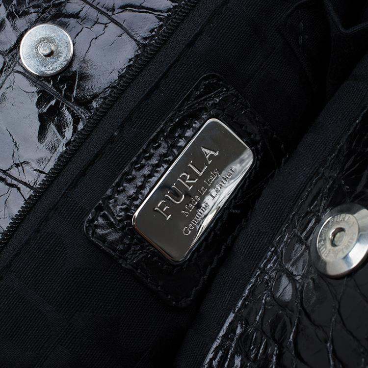Pre Owned Furla Black Croc Embossed Leather Clara Satchel