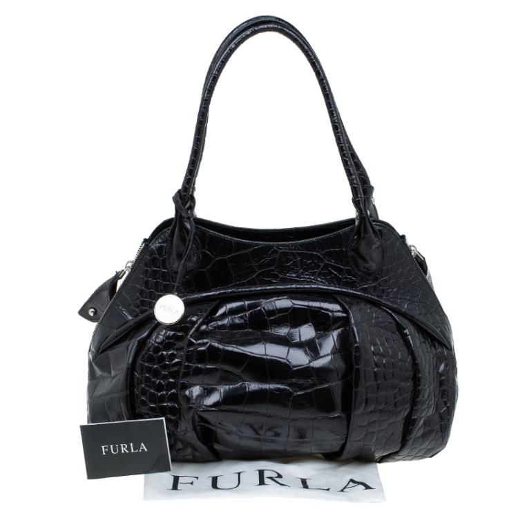 Pre Owned Furla Black Croc Embossed Leather Clara Satchel