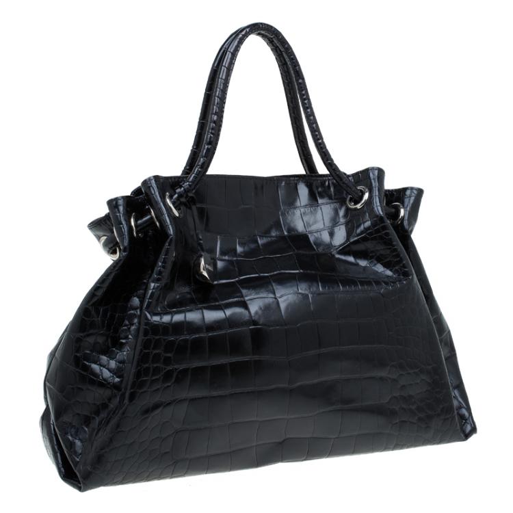 Pre Owned Furla Black Croc Embossed Leather Carmen Tote 