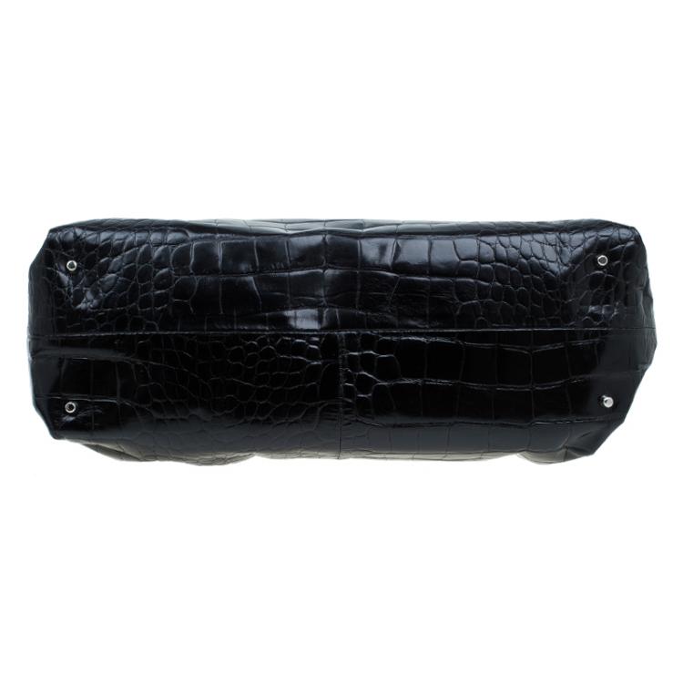 Pre Owned Furla Black Croc Embossed Leather Carmen Tote 