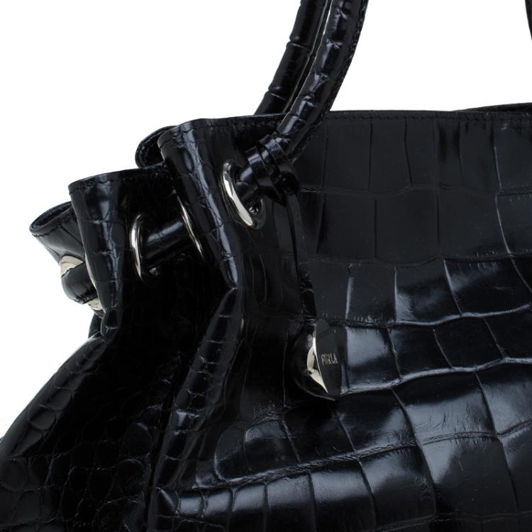 Pre Owned Furla Black Croc Embossed Leather Carmen Tote 