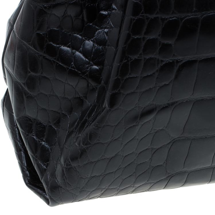 Pre Owned Furla Black Croc Embossed Leather Carmen Tote 