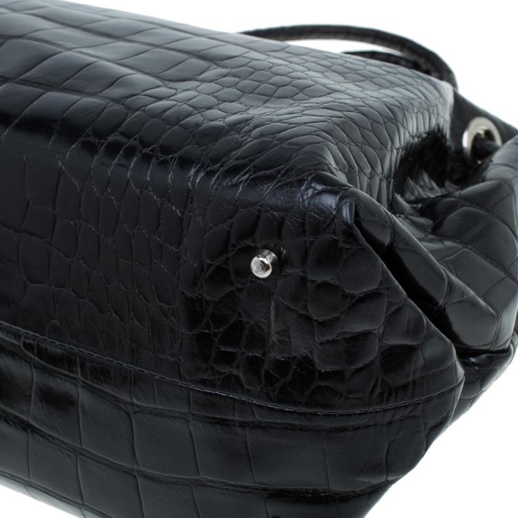 Pre Owned Furla Black Croc Embossed Leather Carmen Tote 
