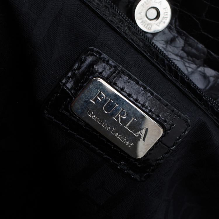 Pre Owned Furla Black Croc Embossed Leather Carmen Tote 