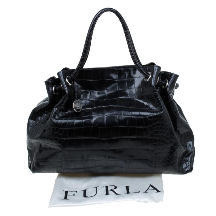 Pre Owned Furla Black Croc Embossed Leather Carmen Tote 
