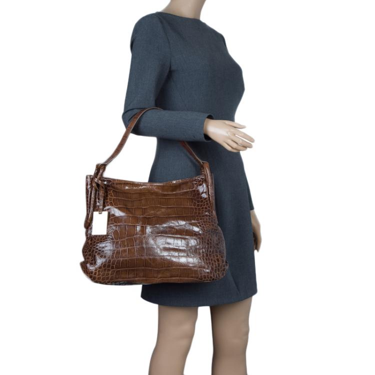 Pre Owned Furla Brown Croc Embossed Leather Zarina Hobo