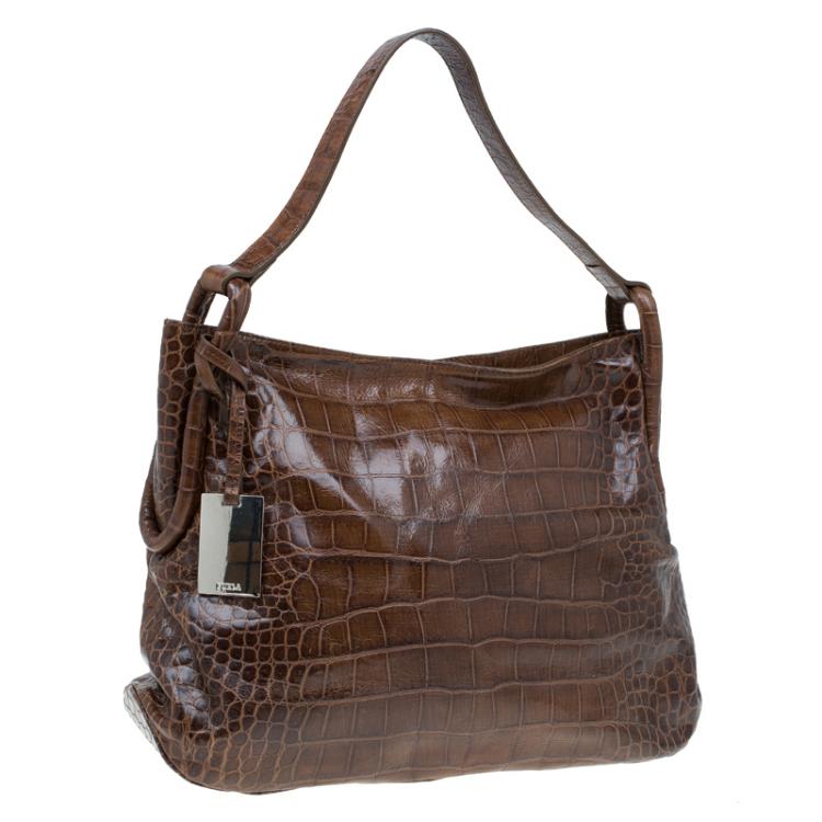 Pre Owned Furla Brown Croc Embossed Leather Zarina Hobo
