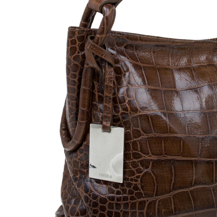 Pre Owned Furla Brown Croc Embossed Leather Zarina Hobo