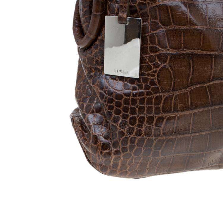 Pre Owned Furla Brown Croc Embossed Leather Zarina Hobo