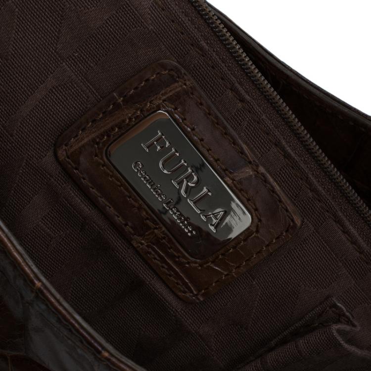 Pre Owned Furla Brown Croc Embossed Leather Zarina Hobo