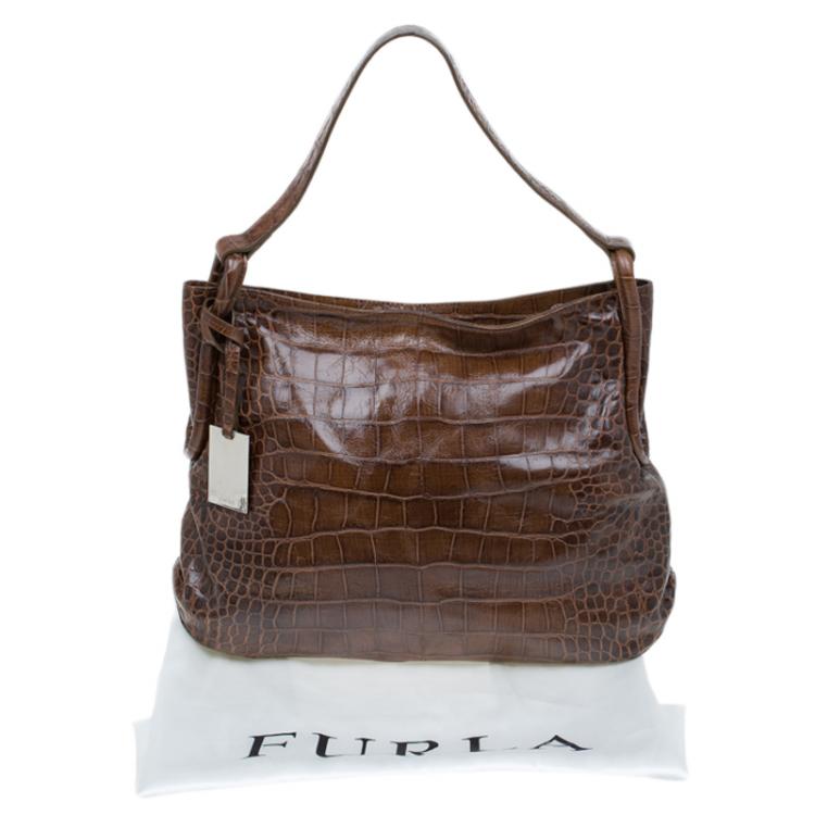 Pre Owned Furla Brown Croc Embossed Leather Zarina Hobo