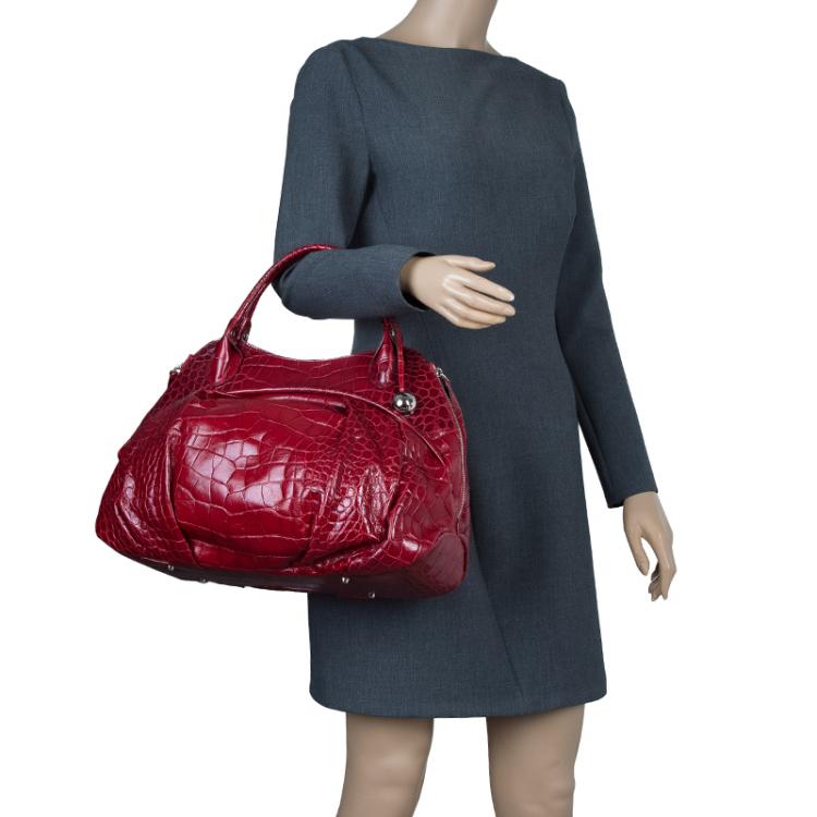 Pre Owned Furla Red Croc Embossed Leather Clara Satchel