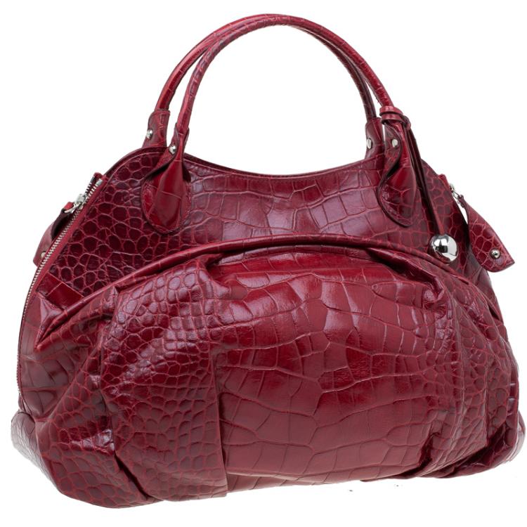Pre Owned Furla Red Croc Embossed Leather Clara Satchel