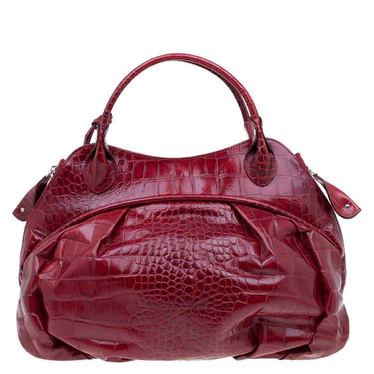 Pre Owned Furla Red Croc Embossed Leather Clara Satchel