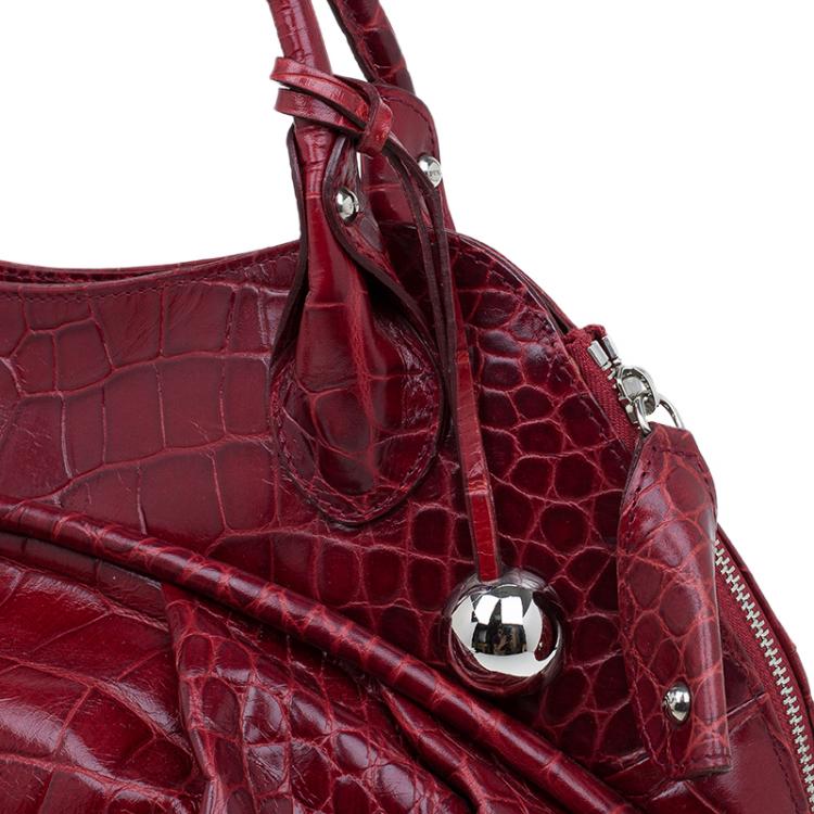 Pre Owned Furla Red Croc Embossed Leather Clara Satchel