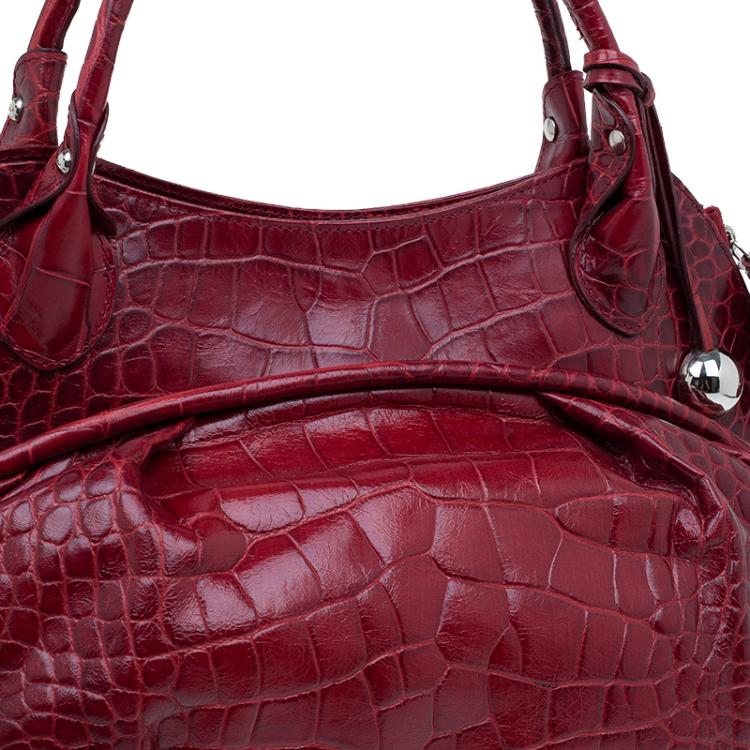 Pre Owned Furla Red Croc Embossed Leather Clara Satchel
