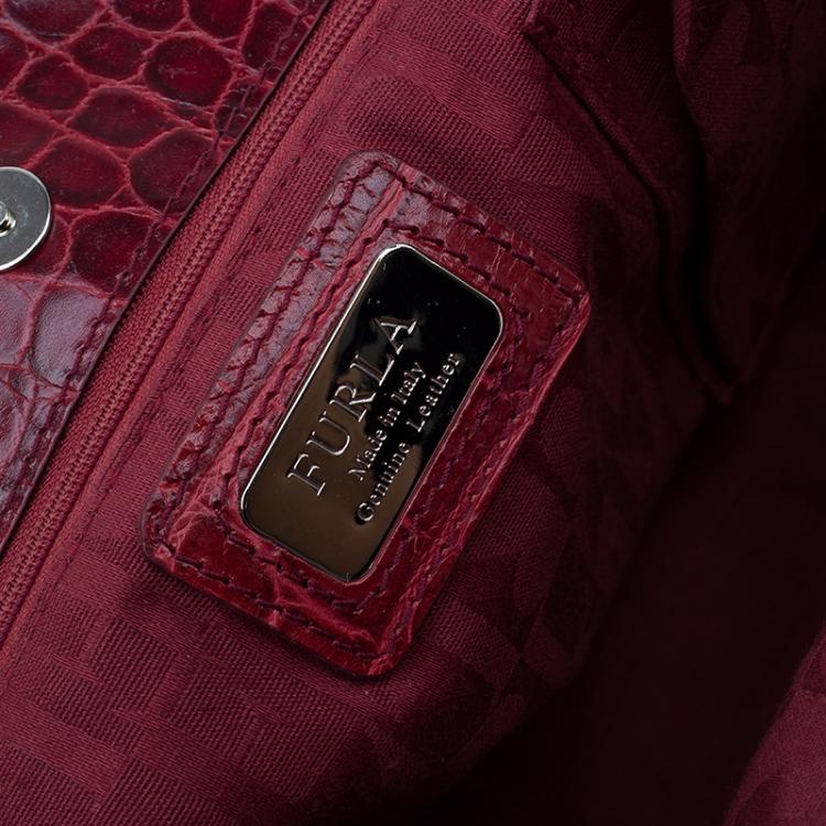 Pre Owned Furla Red Croc Embossed Leather Clara Satchel