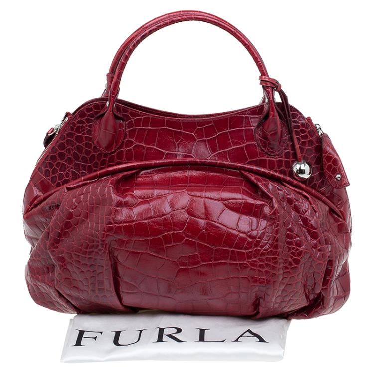 Pre Owned Furla Red Croc Embossed Leather Clara Satchel