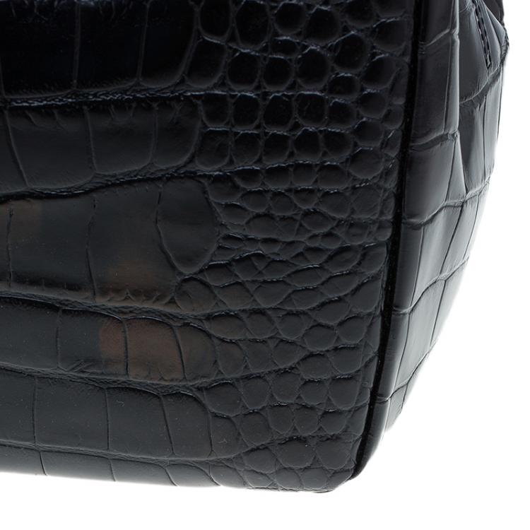 Pre Owned Furla Black Croc Embossed Leather Double Handle Tote