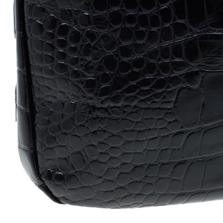 Pre Owned Furla Black Croc Embossed Leather Double Handle Tote